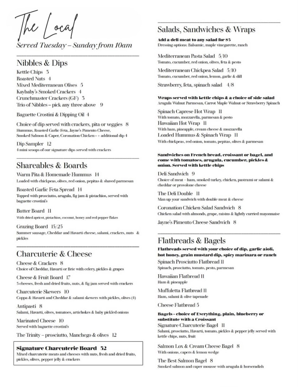 The Local menu: nibbles, boards, charcuterie, salads, sandwiches, wraps, and flatbreads