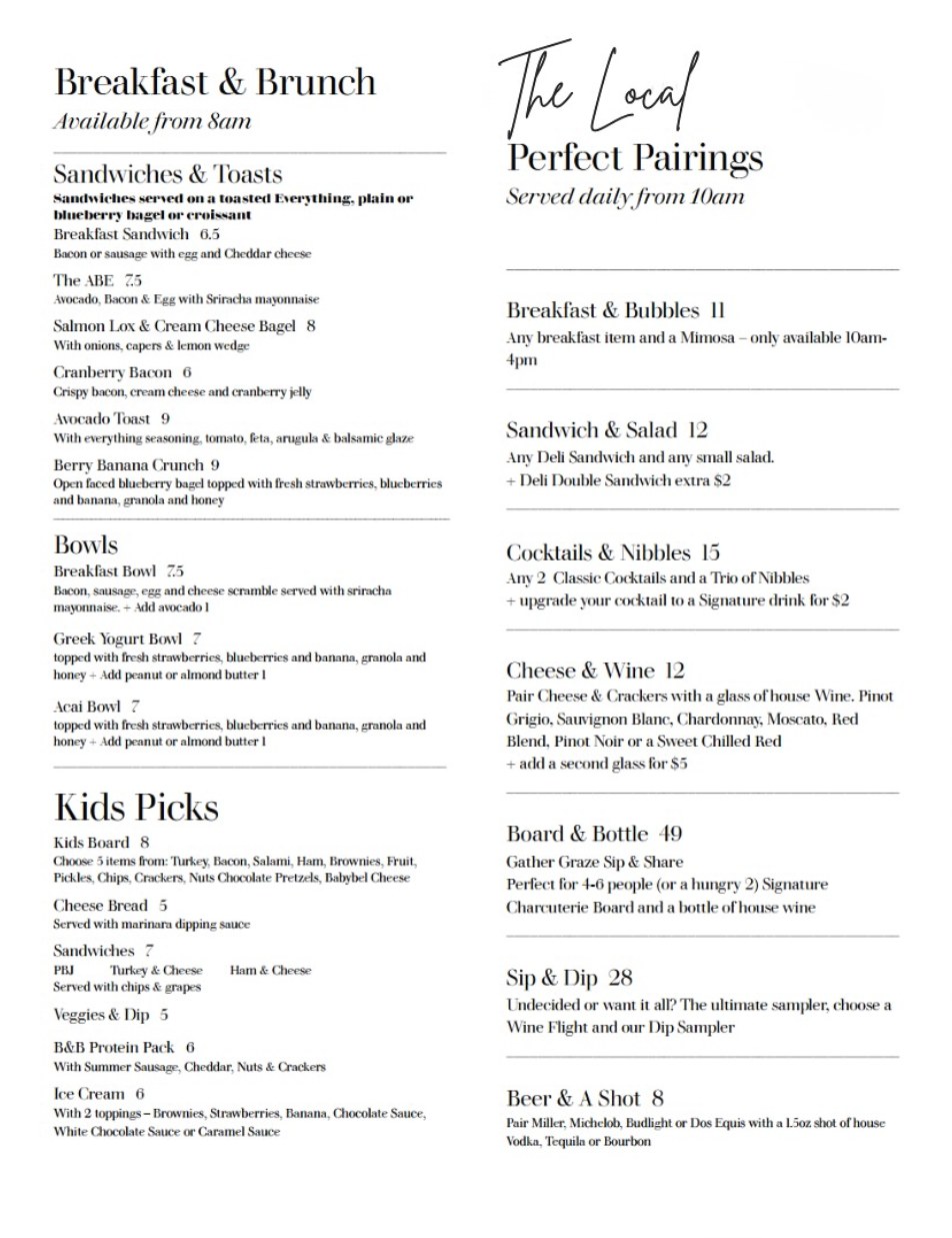 The Local menu: breakfast, brunch, kids' picks, and food-and-drink pairings