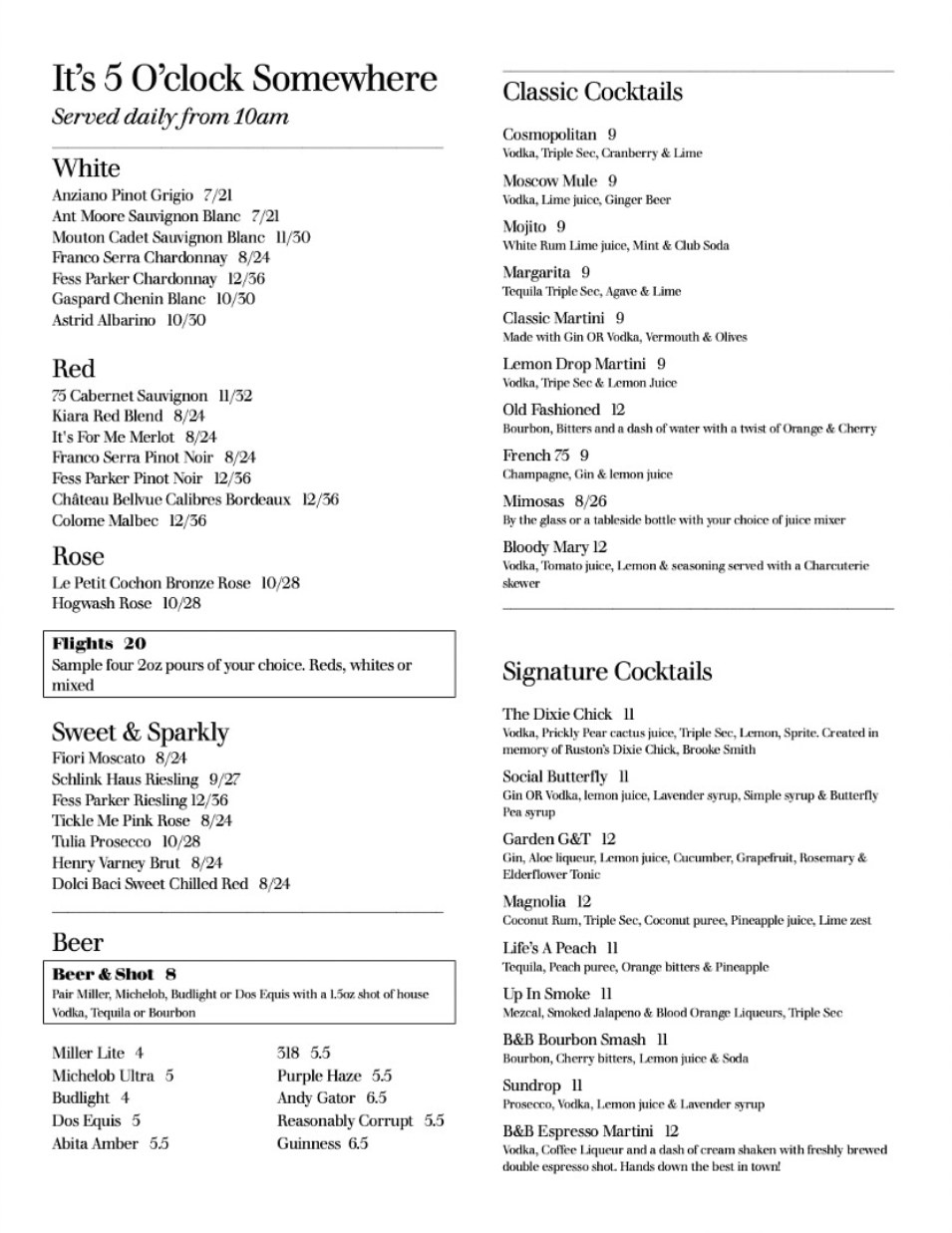 The Local drink menu: wine, beer, classic cocktails, and signature cocktails